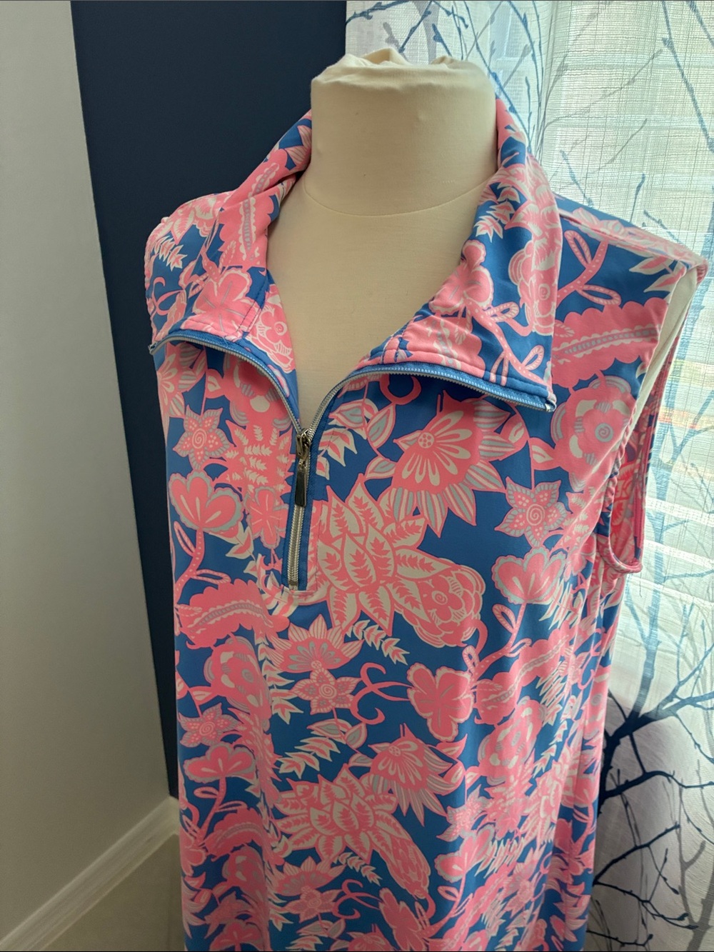 Anthony’s Sleeveless Pink Floral Zip-Neck Dress - Blue Background